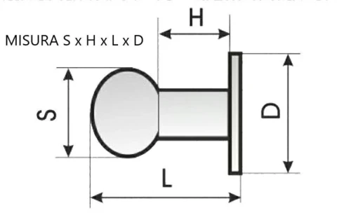 BRASS KNOB WITH ROUND HEAD THREADED WITHOUT SCREW Sx6xLxD mm  IN VARIOUS SIZES A